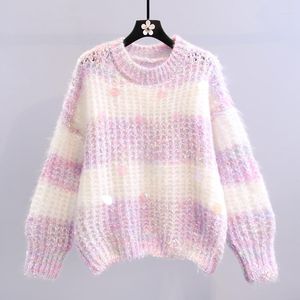 Women's Sweaters Sweet Style Sequined Knitted Women Sweater Pullovers Autumn Design Striped Loose Coarse Yarn Elegant Female Pulls Tops