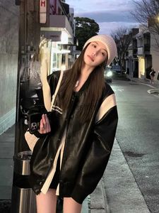 Kurtki męskie 2023 Autum vintage czarna skórzana kurtka Kobiety w stylu baseballowym koreańskim płaszczem baseballowym moda Y2K Clothing Party Fashion Top Fel231006