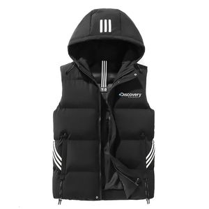 Gilet da uomo Gilet con cappuccio Nero Moda coreana senza maniche imbottito Giacca per il tempo libero Discovery Channel Cappotto maschile Autunno Inverno Gilet caldo 231005