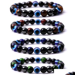 Charme Pulseiras Homens 8mm Colorf Tiger Eye Stone Turco Azul Evil Peixe Beads Elasticidade Pulseira Para Mulheres Jóias Drop Delivery Dhhvk
