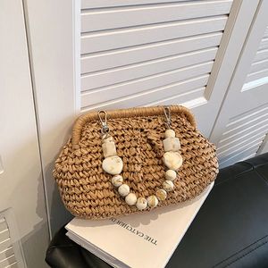 Kvällspåsar Shell Straw Top Handle for Women Handväskor Märken Summer Rattan Boho Woven Casual Shoulsk kvinnliga koppling Purses 2023 231006