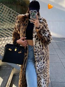 Женское пальто из искусственного меха, женское модное пальто с леопардовым узором, воротник, длинная теплая одежда, зимняя элегантная утолщенная верхняя одежда для поездок на работу