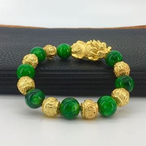 LY01 vietnamesisk sandguld pläterad 24k guldgrön jade sten sand guld pixiu armband280z