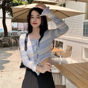 Women's T Shirts T-shirts Women Harajuku Striped Square Collar Classic Cropped Tops Females All-match Streetwear Chic Ulzzang Long Sleeve