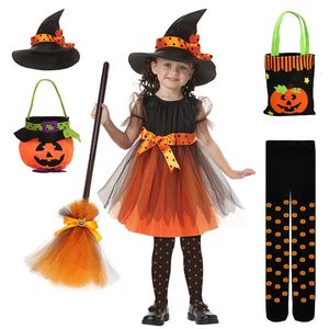 Abiti da ragazza Bambini Ragazze Halloween Cosplay Costume da strega Adolescenti Abito da bambina Abito da strega infantile Set di abbigliamento Cappello Borsa da zucca Collant 231005