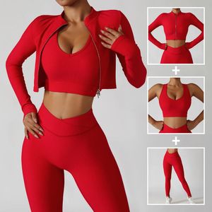 Yoga Outfit Jaqueta Esportes Sutiã Leggings 3 Peça Conjunto Feminino Treino Vermelho Azul Nervado Workout Gym Push Up Sportswear Terno para Fitness 231005