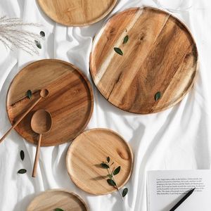 Plates Japanese Solid Wood Tray Disc Fruit Snack Plate Bread Dessert Bowl Household Vegetable Dishes Tableware Accessories