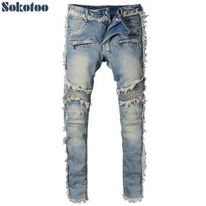 Sokotoo Men's Vintage Washed Denim Fringe Biker Jeans for Moto Fashion Slim FitストレートパッチワークパンツBig and Tall1787