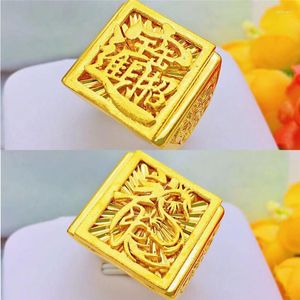 Anéis de Cluster Chinês Feng Anel para Homens Sólidos 22k Ouro Aberto Amuleto Riqueza Noivado Casamento Sorte Jóias Presentes de Aniversário