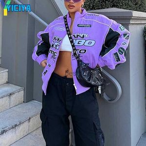 Jaquetas masculinas Yiciya Bomber Mulheres Varsity Jaqueta Roxo Impressão Corrida Punk Motocicleta Universidade Jaqueta de Beisebol Inverno Manga Longa Casaco TopL231006