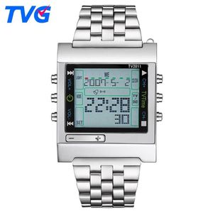 مستطيل جديد TVG التحكم عن بُعد في الرياضة الرقمية ، Watch Alarm DVD DVD Remote Men and Ladies Stainless Steel Wristwatch297b