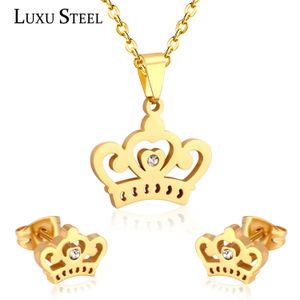 Wedding Jewelry Sets LUXUSTEEL Set Stainless Steel Crown Gold Color Pendant Necklace Earring Nickle Earrings Gift Party Collier 231005