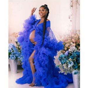 Abiti casual Vestido De Mulher Royal Blue Abito lungo per le donne in gravidanza Servizio fotografico maniche lunghe Ruffles Abiti da ballo249d