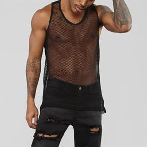 Men's T-Shirts Gym Sexy Men Tank Vest Tops Sleeveless Mesh Sheer Outwear Training Fish Net Hollow Out See Through Sporting Cl3264