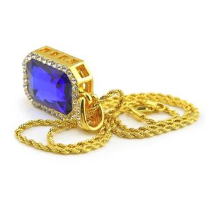 Iced out mini quadrado cristal bling strass declaração pingente colar 24 polegada corrente vermelho azul gem gota jóias307j