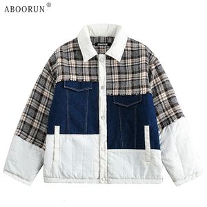 Męskie Parkas Aboorun Men Winter Fashion Jackets Dżinsy Plaid Patchwork Jean Coats Streetwear ciepła parka dla mężczyzny 231005