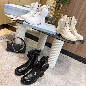 Designer Monolith Boots Women Monolith Leather and Renylon Boots With Pouch Triangle Logo Combat Boots Platform Wedges Lace-Up Round Toe Block Heels Flat Booties