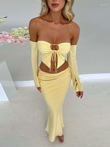 Work Dresses TEMUSCOLA 2023 Autumn Yellow Skirt Sets Women Hollow Out Off Shoulder Crop Top Sexy Ruched Maxi 2 Piece Set Female Outfits