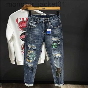 Erkekler Kot erkek kot pantolon basılı pantolon ile yırtılmış konik retro Kore moda yırtılmış ince fit adam kovboy pantolon tasarımcı delikleri j231006