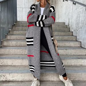 Kadın Örgü Tees Bahar Örgü Hırka Kadın Çizgili Patchwork Sonbahar Kış Zarif Uzun Dış Giyim Maxi Y2K Kazak Ceket Yumuşak Ceket 231006