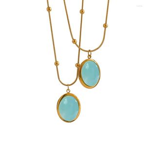 Pendant Necklaces UhBinyca Chic Green Stone Necklace Women 18k Gold Plated Stainless Steel Neck Chain Fashion Geometry Waterpoof Jewelry
