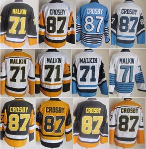 Homem Vintage Hóquei 71 Evgeni Malkin Jersey Retro CCM 87 Sidney Crosby Clássico Equipe Cor Preto Branco Azul Amarelo Bordado e Costura Retire Algodão Puro Alto