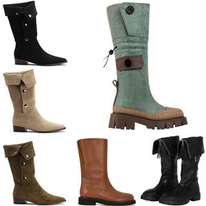 Designer Combat Boot Outono Inverno Sapatos Quentes para Mulheres Denim Azul Exército Verde Cáqui Preto Marrom Joelho Botas Ao Ar Livre EUR 36-40