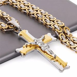 Chokers RAKOL Cross Jesus Crucifixion Necklace For Men Women Gold Silver Black Color Stainless Steel Byzanine Chain Crucifix Pendant 231006