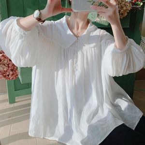 女性のブラウス夏の妖精の白いレミーシックなシャツのランタンスリーブルーズウエスト女性カジュアルトップドールレディース透明なブラウスカミザ