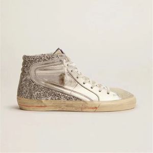 Дизайнерская обувь Золотые кроссовки Mid Slide Star Hightop от итальянских брендов Pinkgold Glitter White Dirty Goose Shoes Alessandro Gallo Francesca Rinaldo с коробкой
