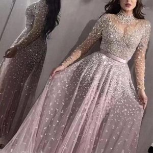 Sukienki swobodne kobiety eleganckie formalne wieczorne impreza siatka z długim rękawem cekiny z wysokim talii błyszcząca suknia ślubna 2021 najwyższej jakości vestido280g