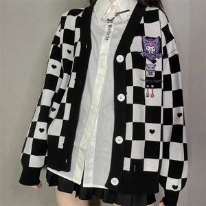 Women's Knits Tees Kawaii Cartoon Embroidery Cardigan Women Jk Uniform Checkerboard Sweater Coat Autumn Loose Y2k Knitted Sueters De Mujer 231006