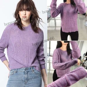 Zadig Voltaire 23aw Ny krok Flower Hollow Cashmere Solid Color Purple Split Zadig Sweater Women Designer Pullover Slim Sticking Zadigs Top