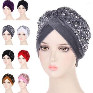 Ethnic Clothing Sequin Velvet Women Muslim Hijab Chemo Caps Stretch Turban Bonnet Headwrap Scarf Hair Loss Hat Femme Cap Cover