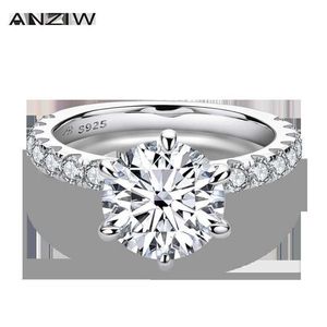 ANZIW 925 Sterling Silver 4CT Round Cut Ring for Women 6 Prongs Simulated Diamond Engagement Wedding Band Ring Jewelry282i