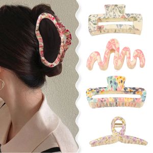 Floral Print Hair Claw Pink Flower Wave Line Back Head Hair Crab Clip Geometric Acrylic Hairpin Barrettes Hair Accessories