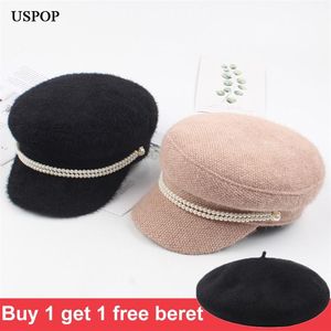 USPOP NEW WINTER CAPS 여성 뉴스 보이 캡 여성 진주 밍크 헤어 군용 캡 빈티지 플랫 상단 두꺼운 따뜻한 모자 201013202K