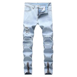 Jeans da uomo Pantaloni da moto in difficoltà strappati blu da uomo Pieghe Foro Design con cerniera Elastico lavato Retro High Street Fashion De245W