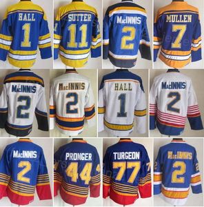 Uomo Vintage Hockey 11 Brian Sutter Jersey Retro Classic 44 Chris Pronger 77 Pierre Turgeon 2 Al Macinnis 1 Glenn Hall 7 Joe Mullen 18 Tony Twist 1995 1996 CCM Blu Bianco