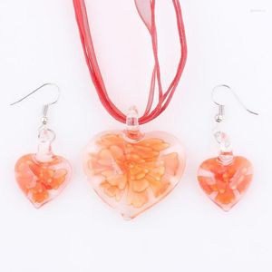 Necklace Earrings Set QIANBEI Wholesale 6Sets Murano Lampwork Glass Heart Flower Pendant Charm Earring For Women Jewelry