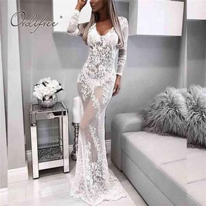 Summer Women Long Party Mermaid Dress Sleeve Sexig transparent vit spets maxi -yrke tunika strand 210513159e