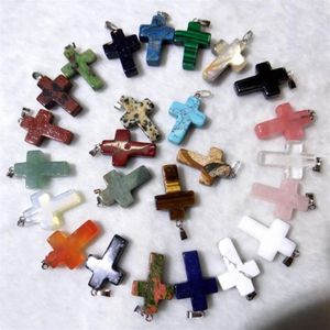 Cały kamień naturalny kwarc kryształowy tygrys Oko Opalite Unakite Mix Onyx Charms Cross Cross Cross do biżuterii Naszyjnik 12PC318E