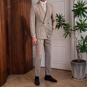 Mäns kostymer 2023 män passar sommaren khaki sjal lAPEL LINEN manlig fest kvällsmiddag formell mode gentleman 2 bit blazer byxor