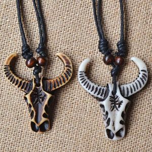Pendant Necklaces Yak Bone Charm Cow Bull Ox Head Skull Leather Rope Necklace Jewelry Accessories Adjustable228e