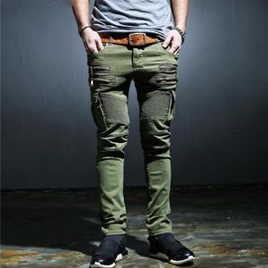 Calças de brim masculinas armygreen retro magro roupas masculinas moda zíper locomotiva denim biker jeansmasculino hip-hop calças297f