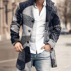 Herr ull blandar män Autumn Long Coat Geometric Color Block Print Button Lapel Fashion Office Winter Jacket Casual Wool Coats Overized 231005