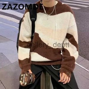 Men's Sweaters ZAZOMDE Japan Style Round Neck Color-Blocking Striped Men's Clothes Loose Casual Teen Couples Simple Clothing High Street Tops J231006
