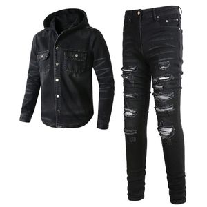 2023 Tracksuits Punk Street Men's Black 2st Jeans Set Spring Hooded Denim Jacket och Ripped Patch Stretch Pants Vintage Men271d