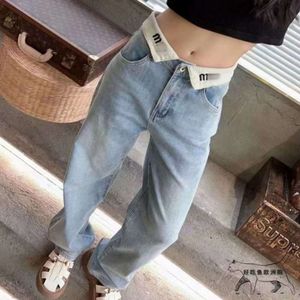 Basic & Casual Dresses High Version Miu Cuffed Letter Embroidered Straight Leg Jeans 23 Autumn/winter Versatile Slim Loose Mop Pants