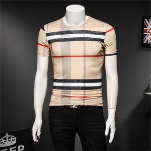 Summer 2023 men's tops plaid short-sleeved t-shirts ice silk printing trendy fashion youth handsome round neck casual bottomi272D